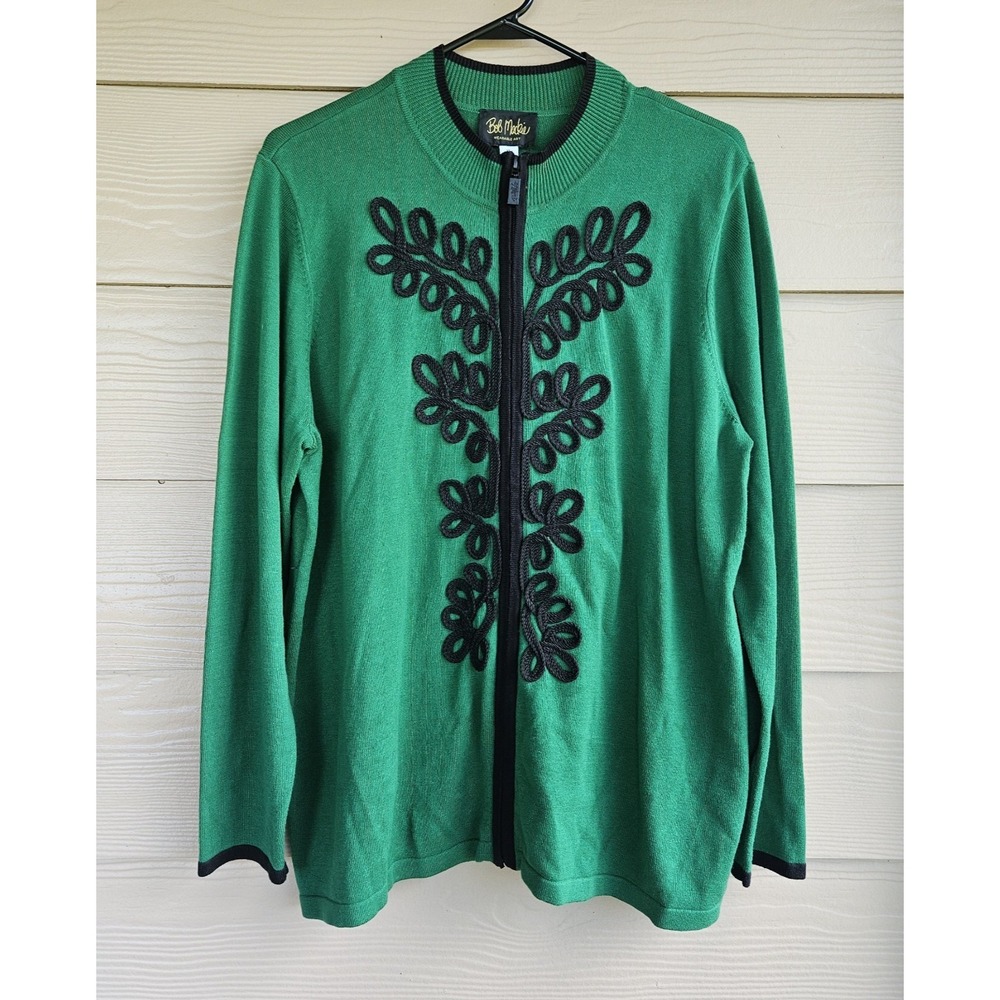 Bob Mackie Wearable Art Green Zip Front Cardigan Sweater XL Cotton Blend Vintage